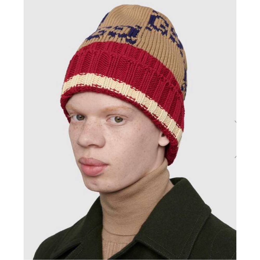 Gucci GG Monogram Dark Beige Red Cotton Beenie - Picture 2 of 12